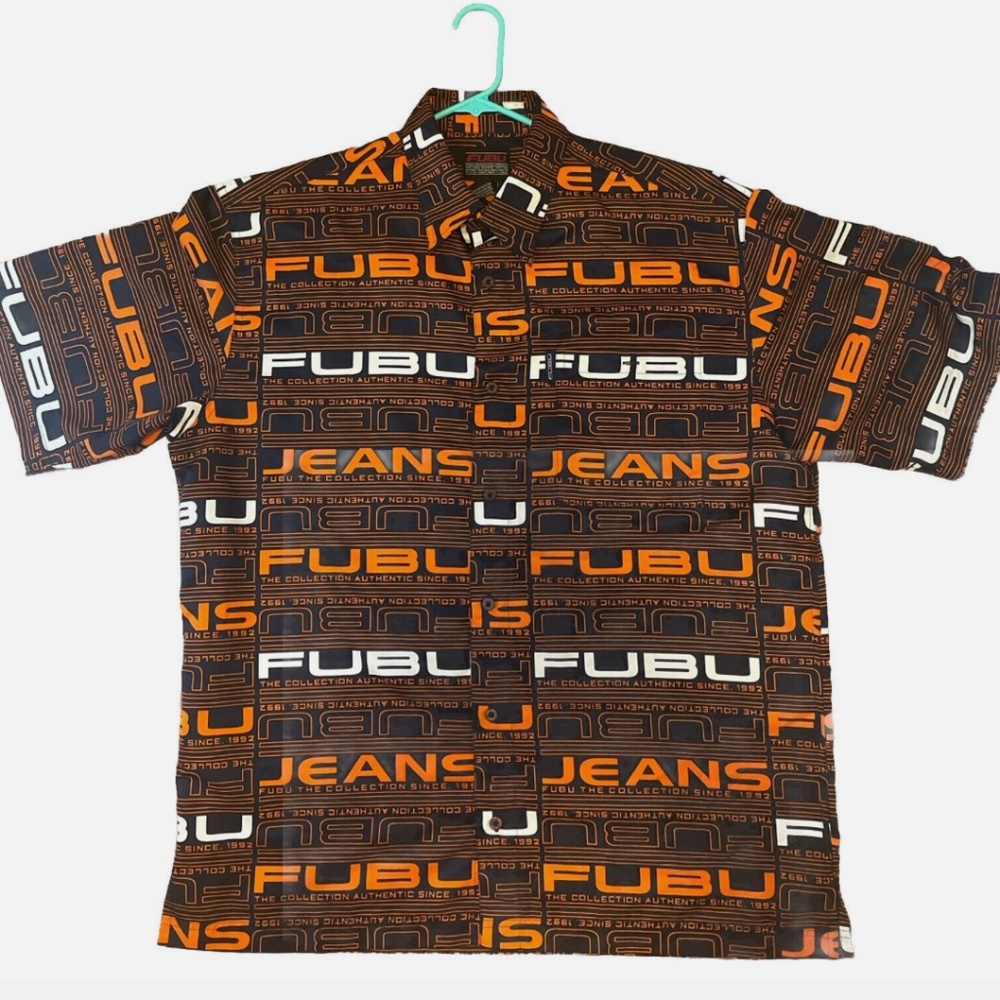 Vintage Fubu Shirt Adult XL Blue Orange All Over Hip Hop Print Button Up Y2K